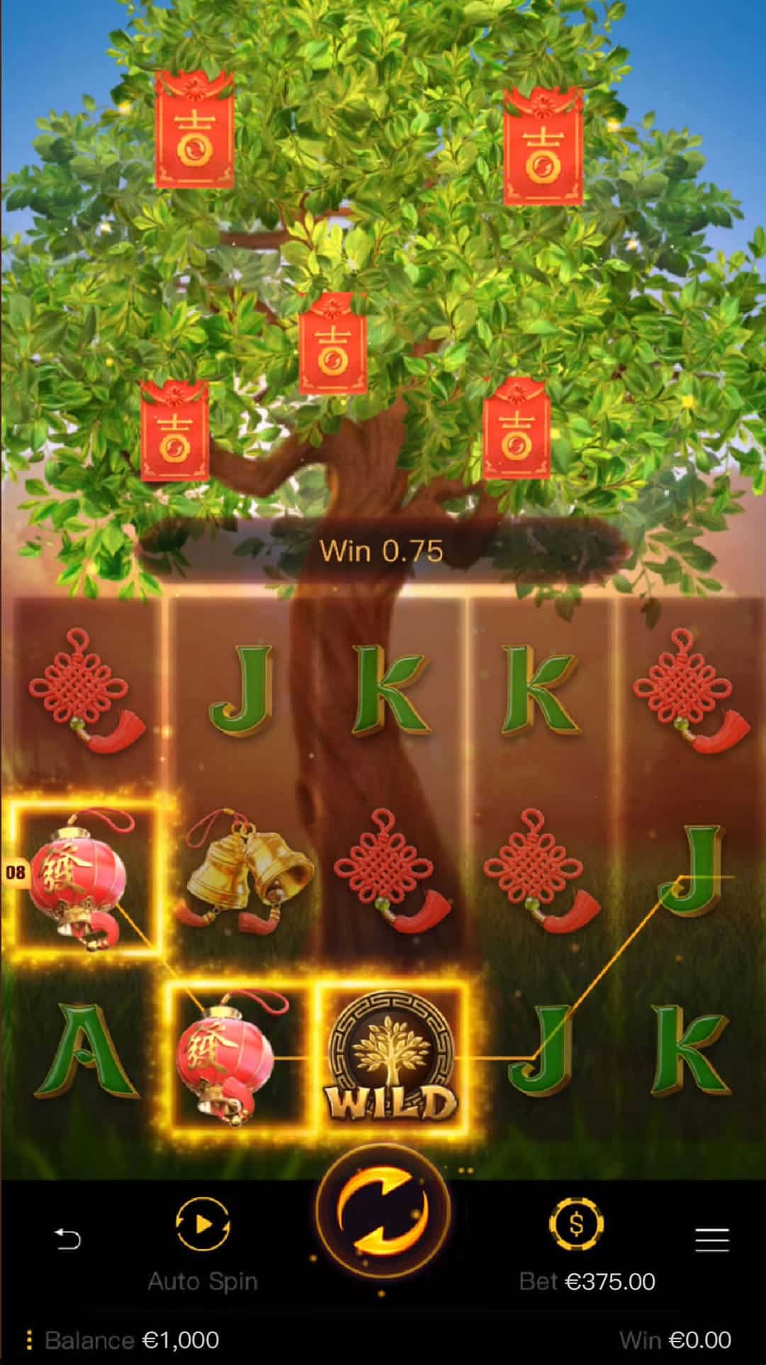 เกมสล็อต Fortune Tree หน้าเกมเพลย์ พร้อมสัญลักษณ์โบนัสและวงล้อรางวัล