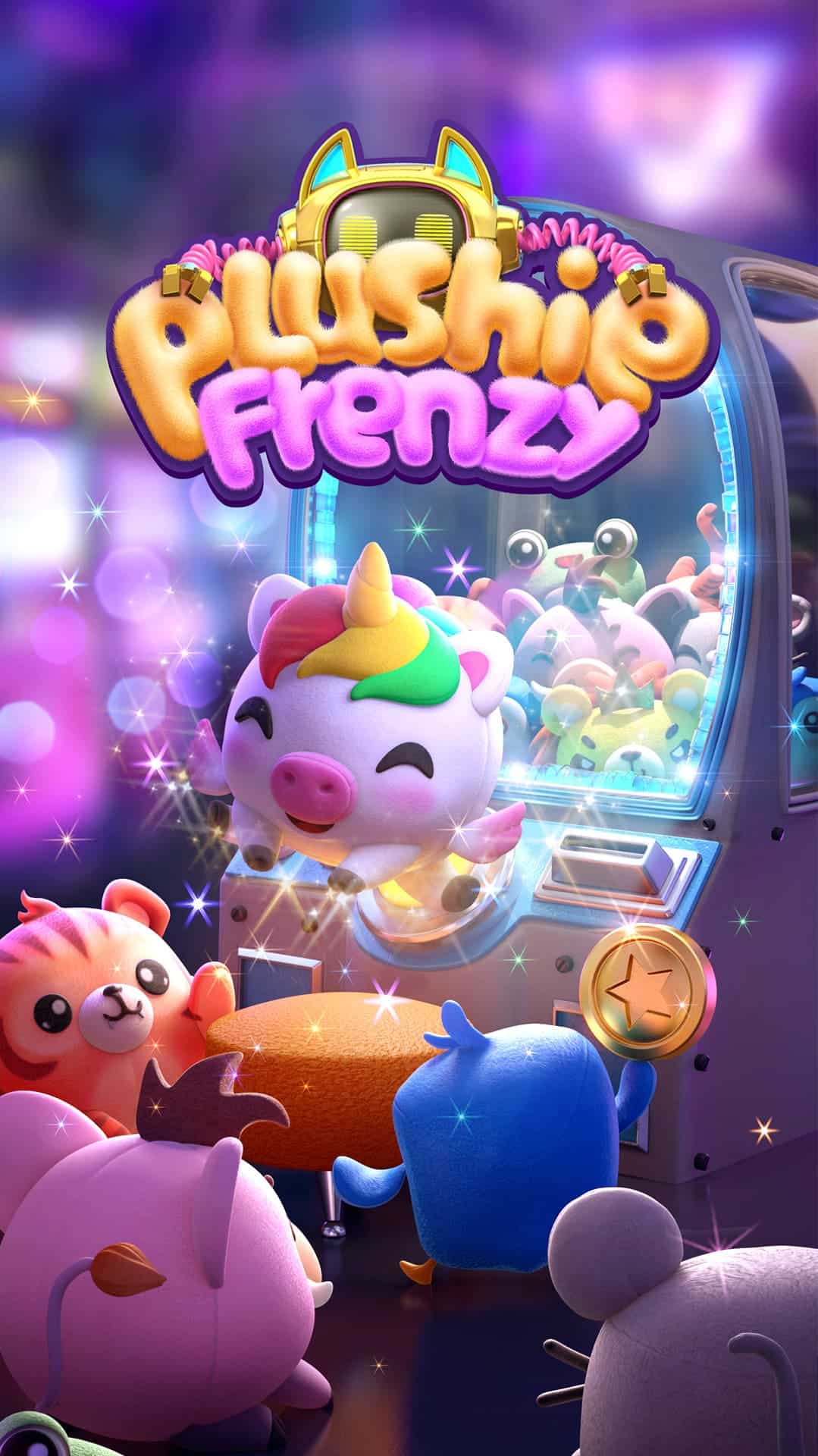 เกมสล็อต Plushie Frenzy หน้าเกมเพลย์ พร้อมสัญลักษณ์โบนัสและวงล้อรางวัล